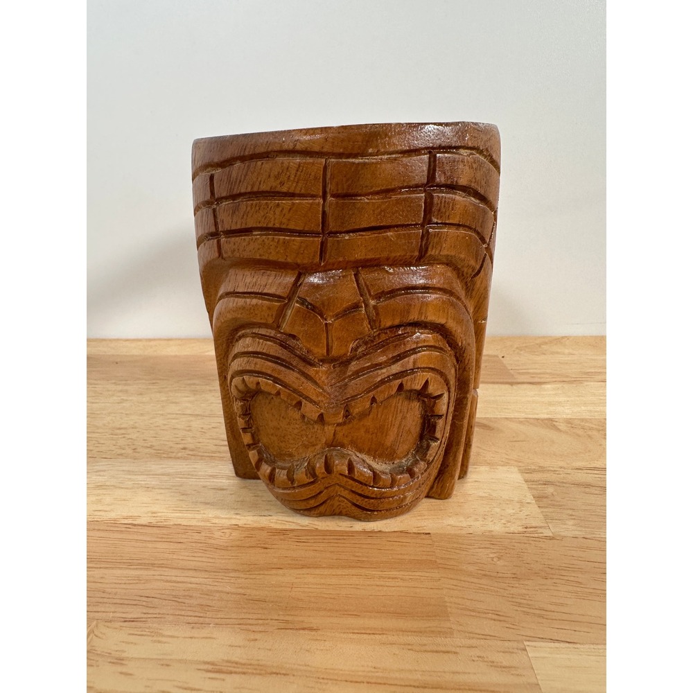 Vintage Tiki Mug Brown‎ Hand Carved Wooden Polynesian Totem Barware Decor